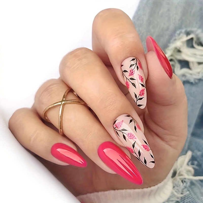 

24pcs Rose Red Fake Nails, Cute Flower Press On Nails With Design, Glossy Full Cover Medium Almond False Nails For Women And Girls