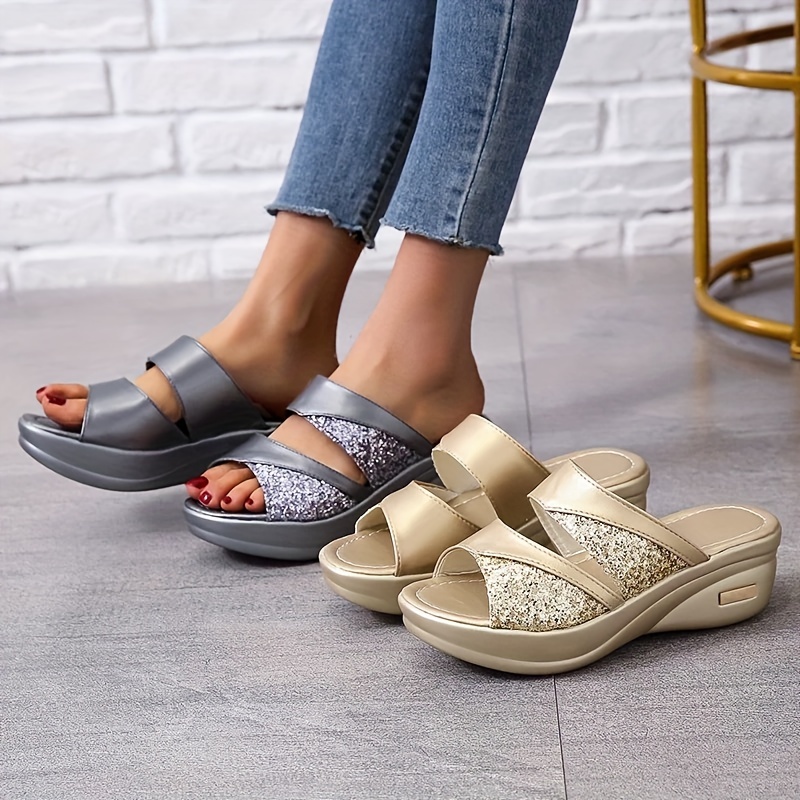 Women's Glitter Decor Wedge Sandals Casual Slip On Temu