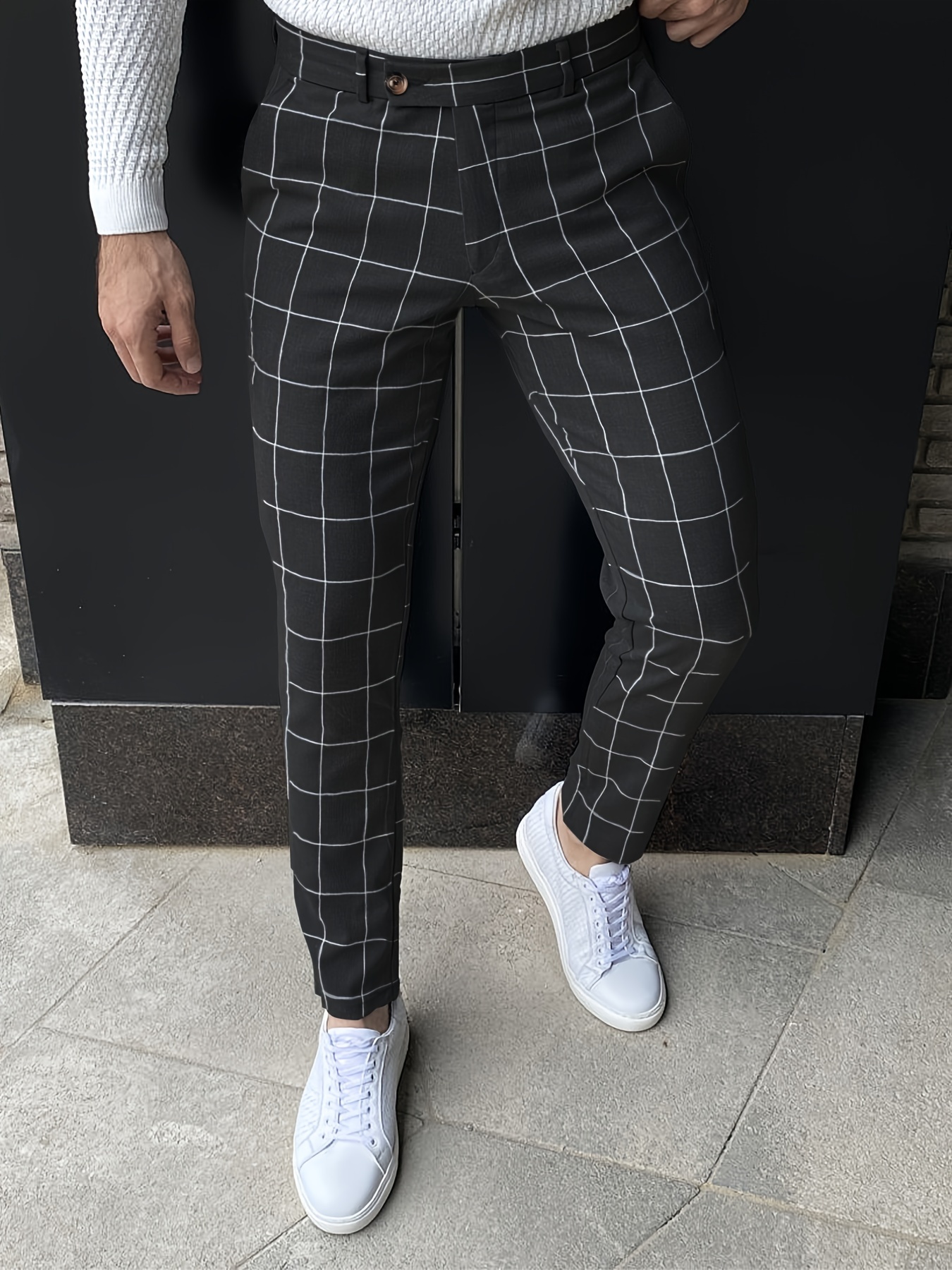 Mens Slim Plaid Checkered Pants Stretch Casual Work Pants Trousers