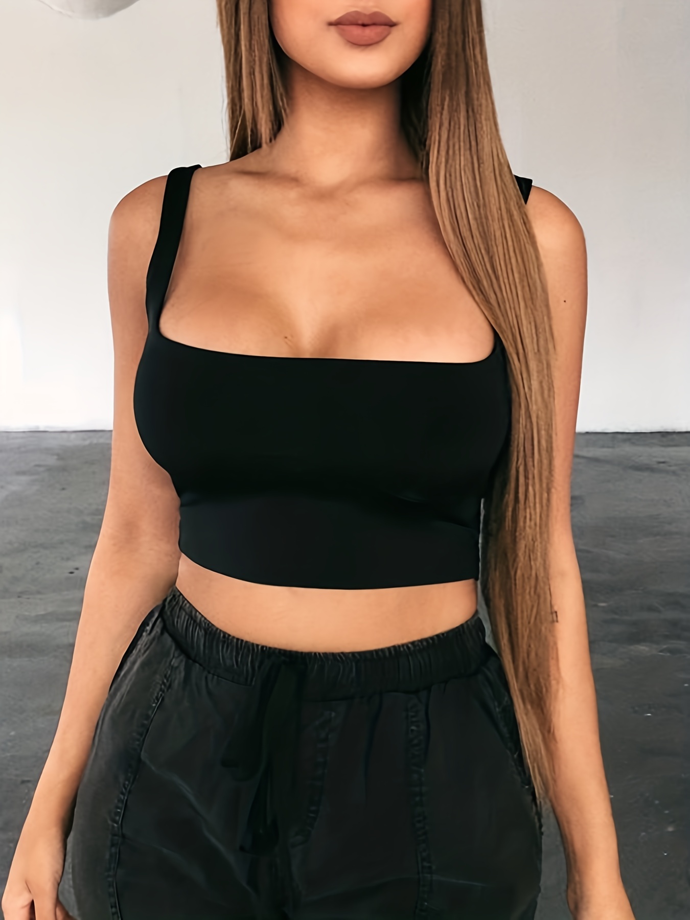 Solid Squared Neck Crop Top Sexy Slim Summer Sleeveless Top - Temu