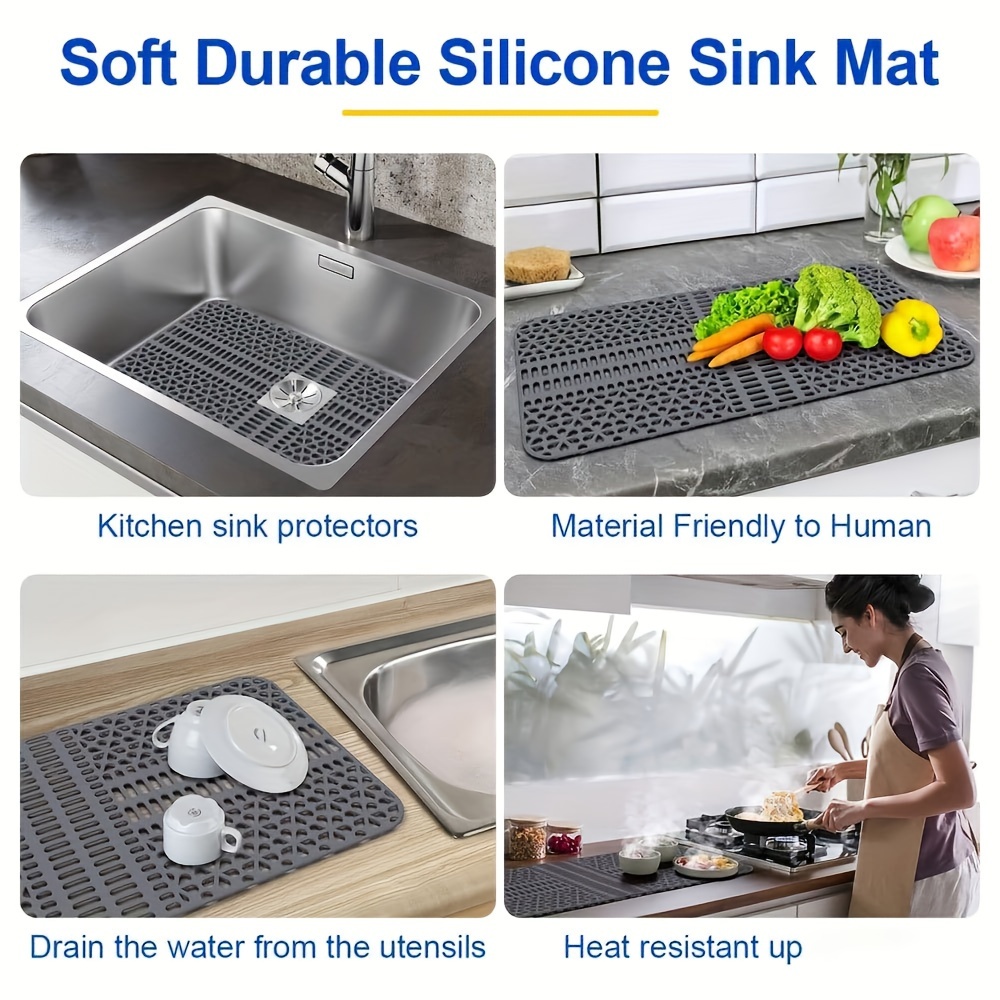 Gray Non-Slip Sink Protector Mat With Drain Hole Kitchen Sink Mats