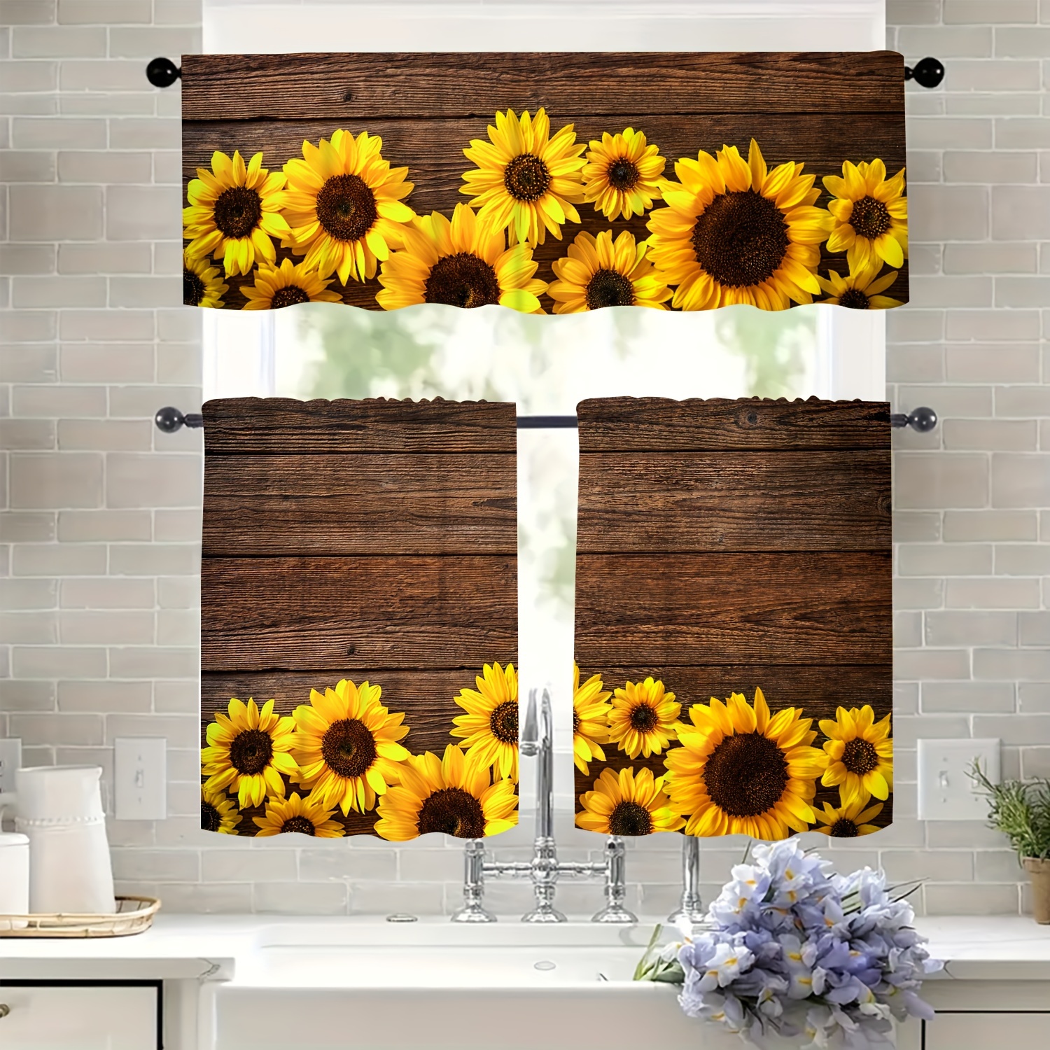 Wooden Sunflower Kitchen Curtains Tiers Semi blackout Window - Temu