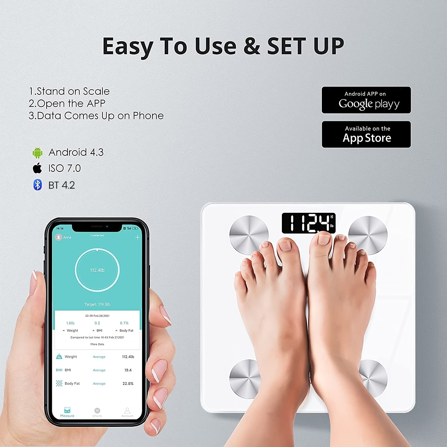 1pc Smart Body Fat Scale with App - Monitors BMI, Body Fat, Visceral Fat,  Water, Muscle & Bone Mass - 396lbs Capacity - Health Measurement Analyzer