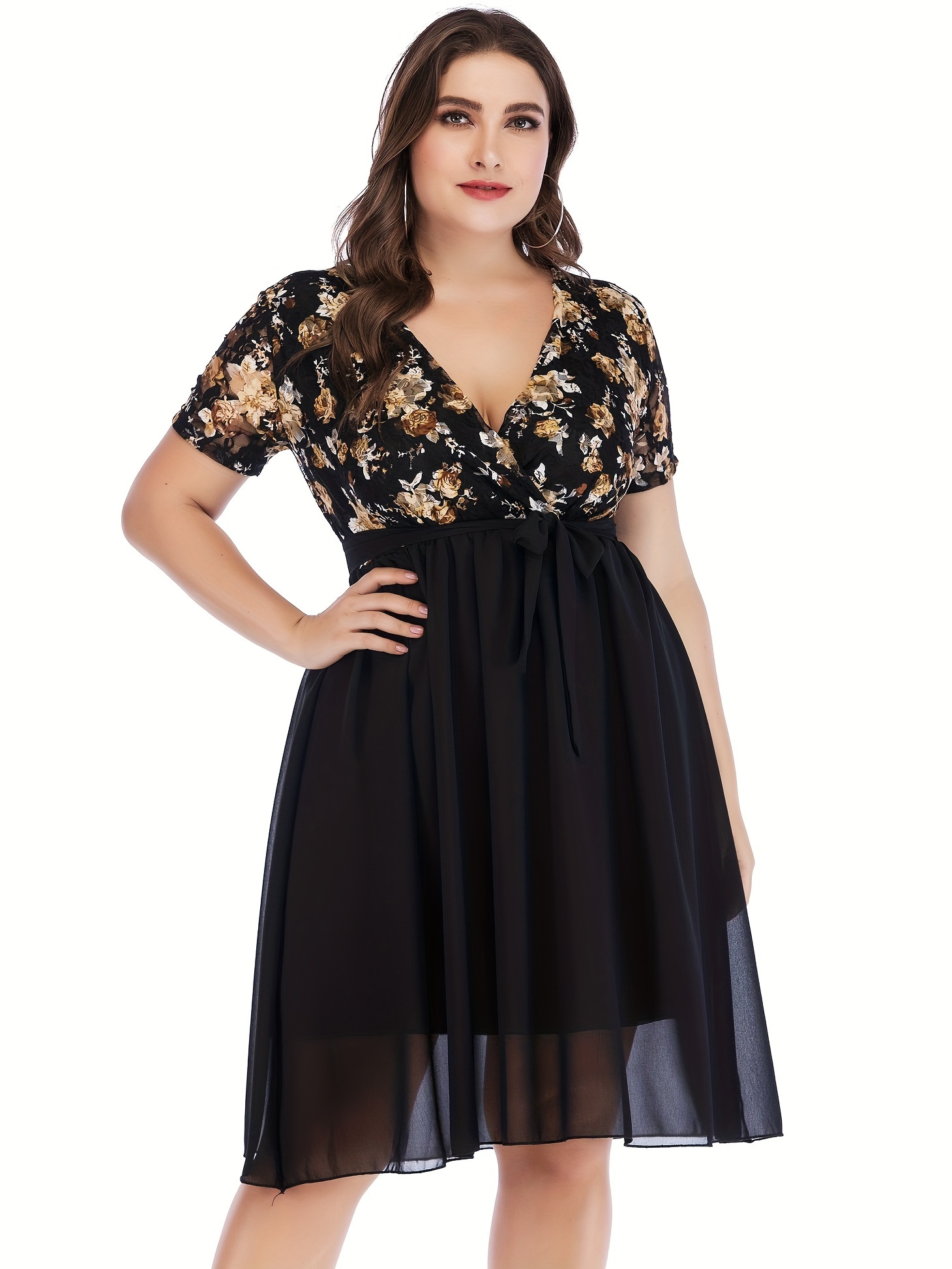 Plus Size Floral Pattern Belted Dress Casual V Neck Mesh - Temu