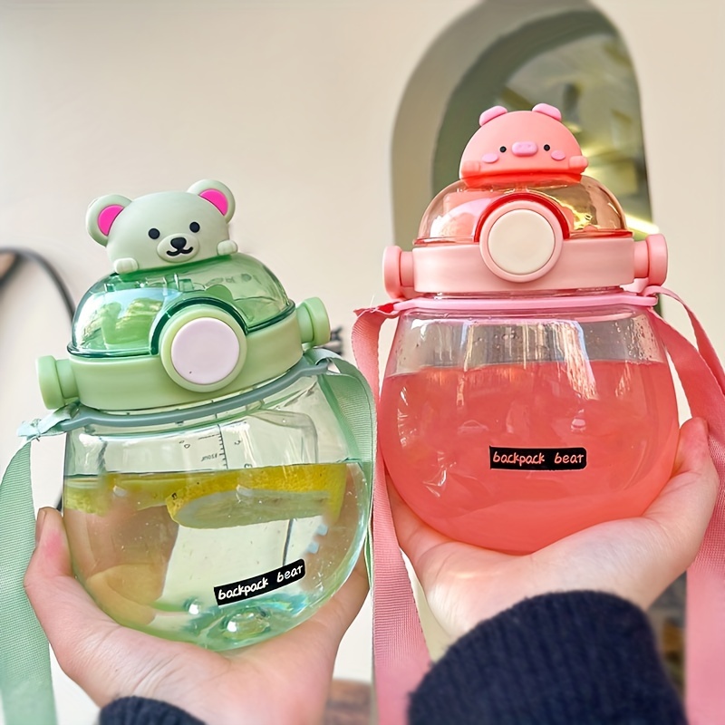 Cute Water Bottle Bear Corgi Cup Kawaii Water Bottle Straw Strap Drink  Tumbler