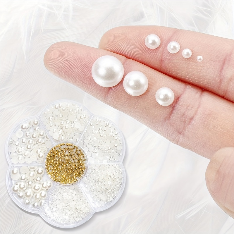 2 cajas de perlas para arte de uñas, perlas planas doradas, plateadas,  blancas, semiredondas, suministros de arte de uñas, accesorios de uñas de