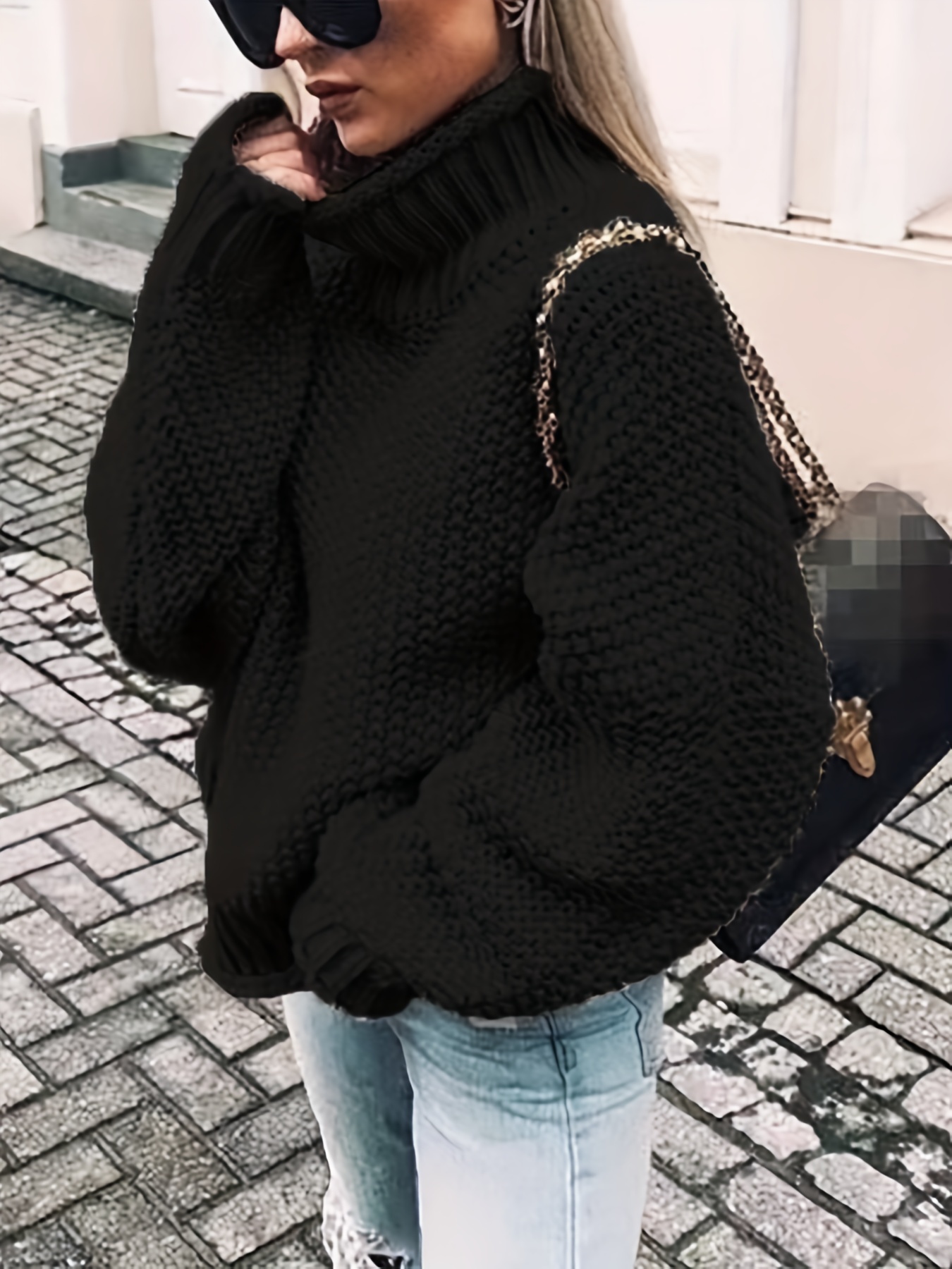 solid turtle neck pullover sweater casual long sleeve sweater for fall winter womens clothing black 0