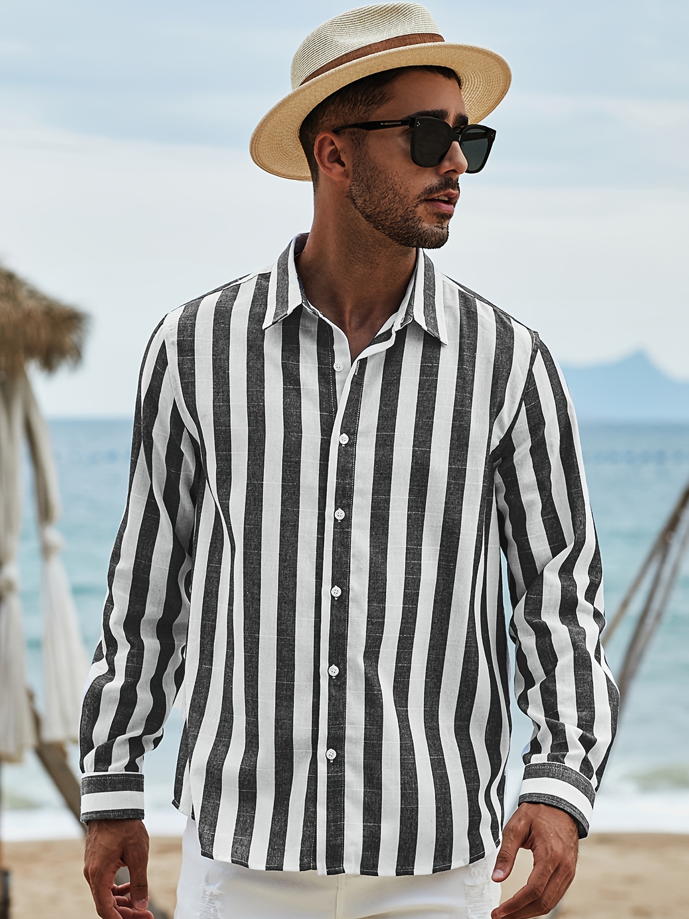 Men's Casual Long Sleeve Button-Down Shirts Striped Dress Shirt, Spring  Fall Outdoor