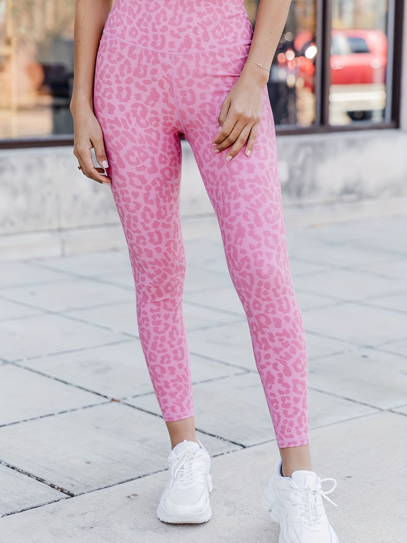 Pink Leopard Print Leggings, Skinny Workout Leggings, Ankle-length High  Waist Casual Leggings, Women's Clothing