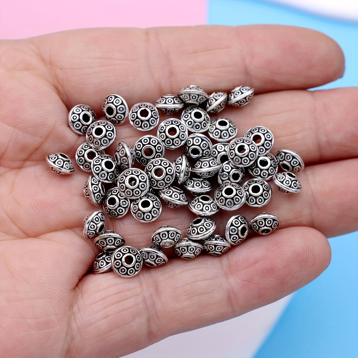 

50pcs Antique Round Silver Plated Loose Spacer Beads For Jewelry Making Bracelet Accessories Diy Handmade