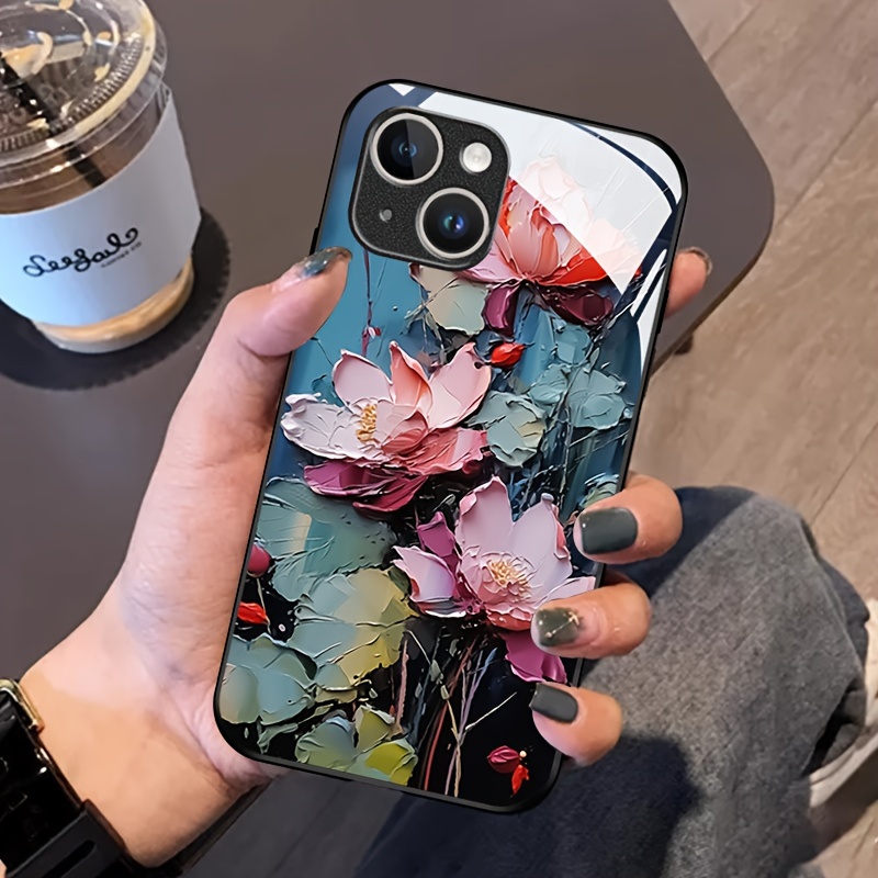 

Creative Lotus Pattern Phone Case Suitable For 15, 14, 13, 12, 11 X/xs Xr Xs Pro Max Plus Black Paint Silicone Glass Straight Edge New Protective Case