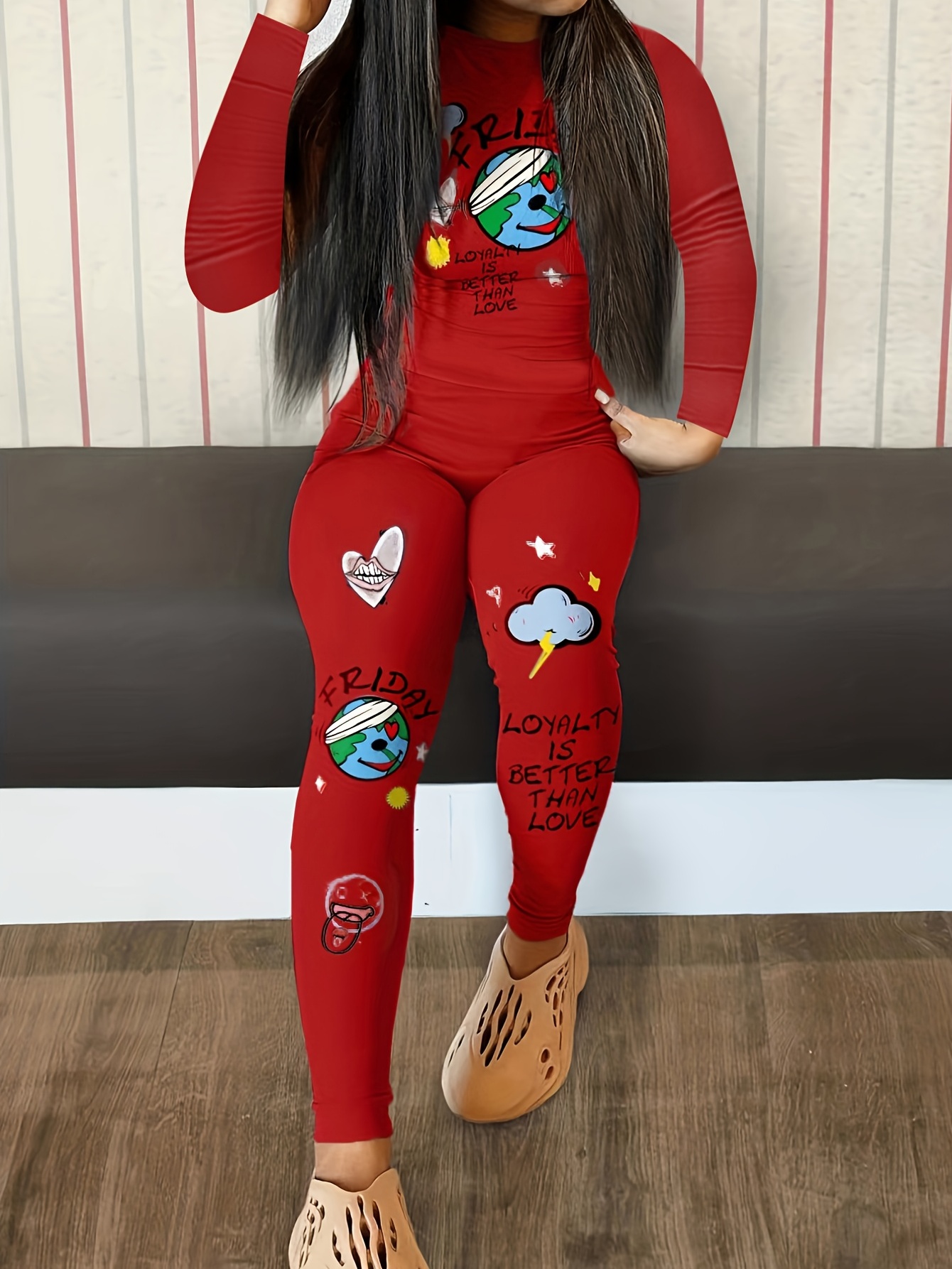 Graffiti Print Casual Two-piece Set Long Sleeve Tops & High Waist Pants