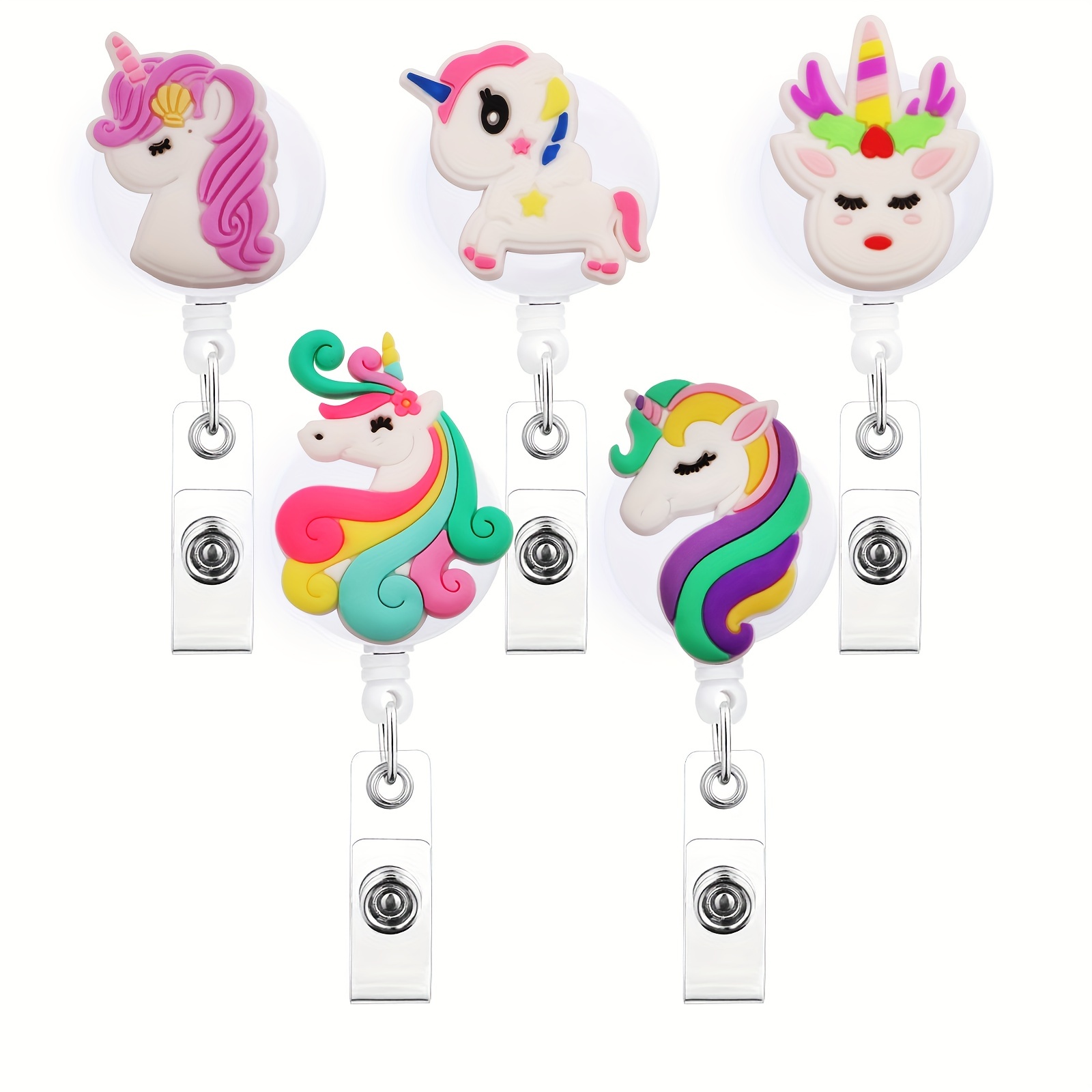 5pcs Retractable Badge Reel With Unicorn Cute Badge Clip ID Card Badge  Holders For Office Teacher Doctor Student Worker Nurse