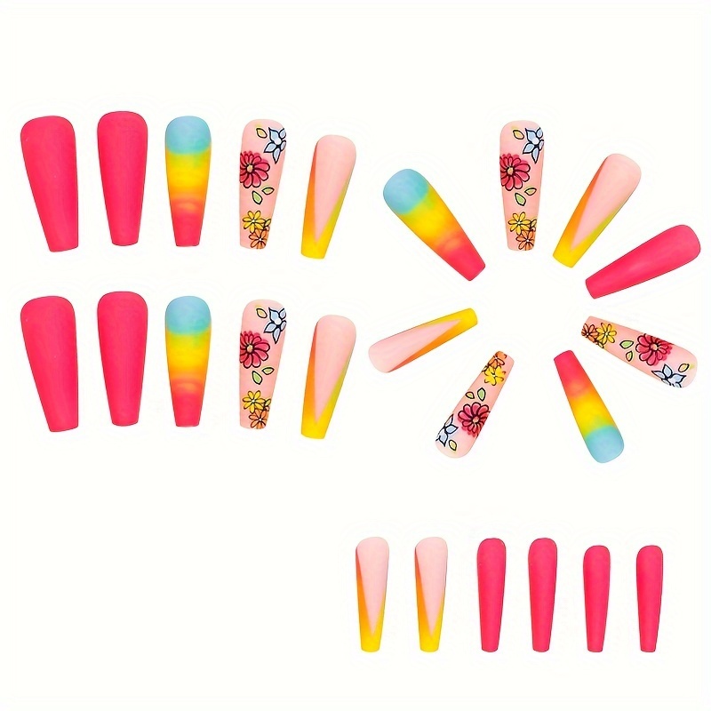 summer press on nails long ballerina rainbow gradient fake nail art cute acrylic nails flower pattern full cover sturdy nail stick on false nail tips for women girls for easter details 4