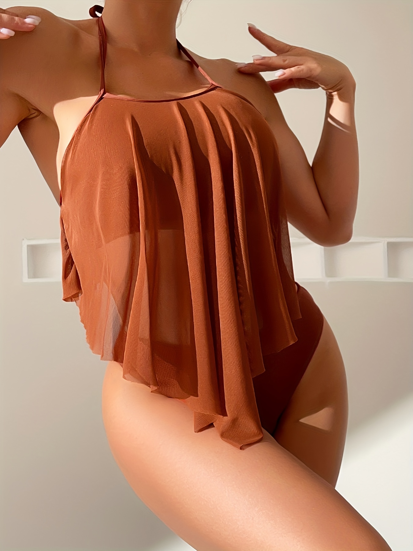 Sheer Mesh Bikini Set Triangle Bra & High Cut Bottom & Ruffle Trim Cover Up  Pants 3 Piece Bathing Suit