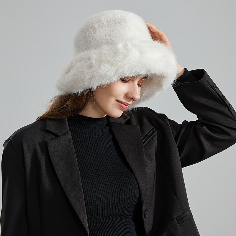 Womens Winter Fluffy Plush Fisherman Cap Hat Ladies Warm Faux Fur Bucket Hat