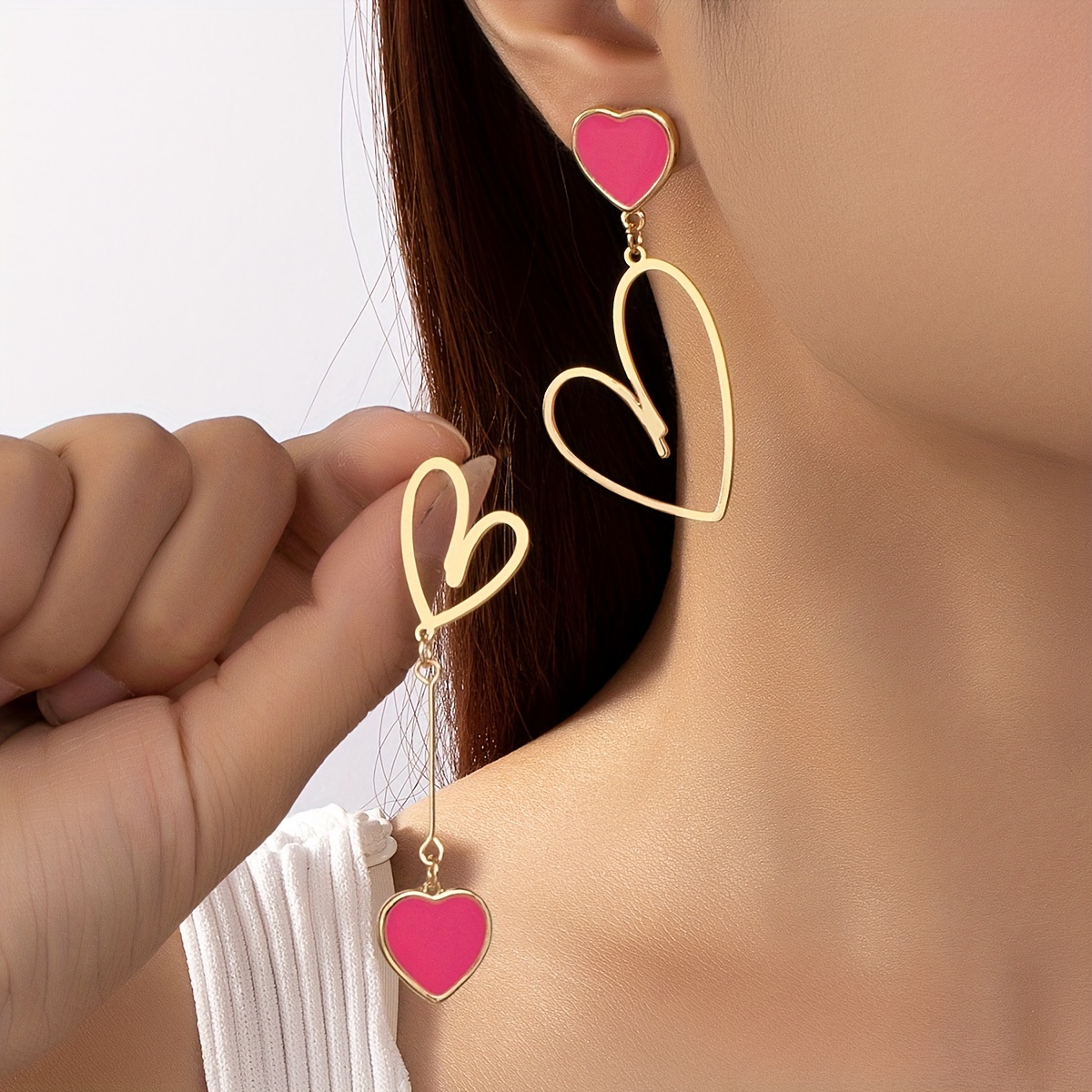 Double Heart Asymmetric Dangle Earrings Alloy Jewelry Gift