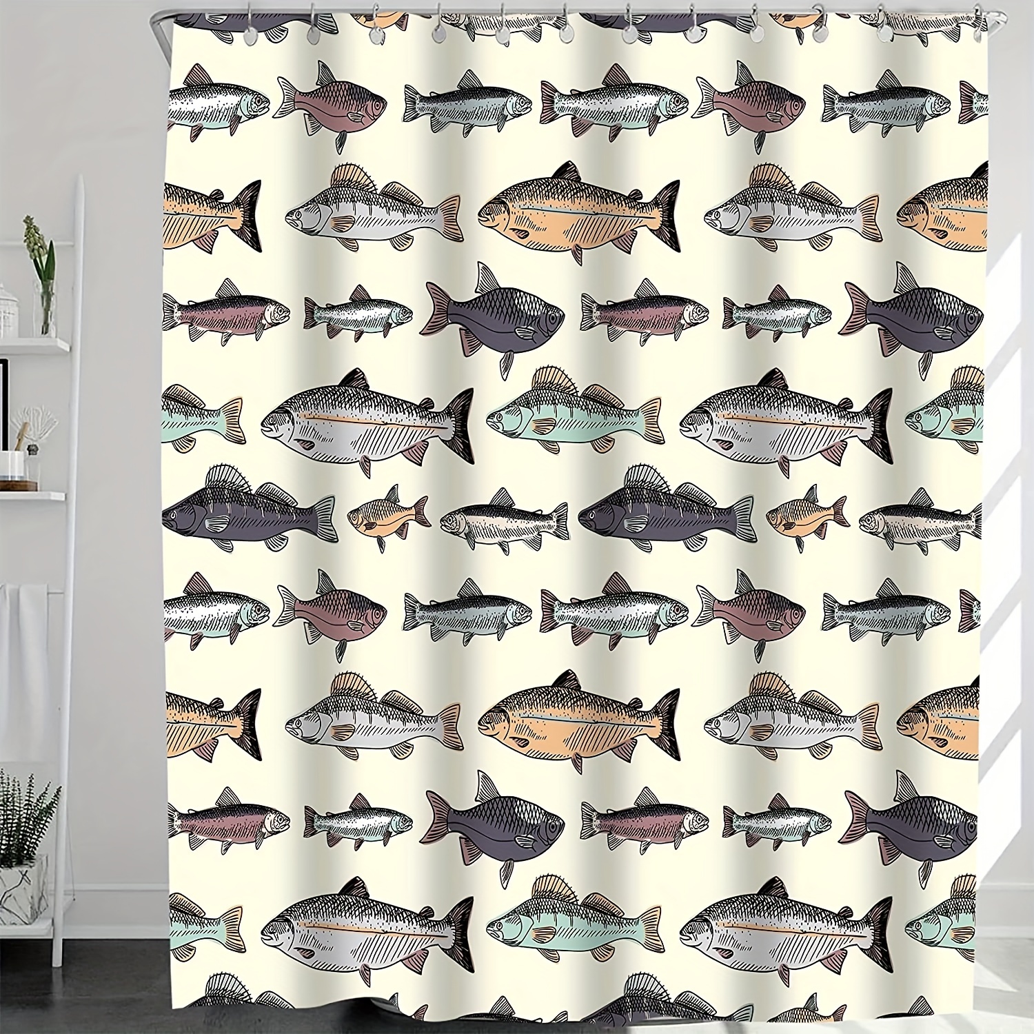 Fish Shower Curtain Blue Vintage Fishes Drawing Salmon Trout - Temu