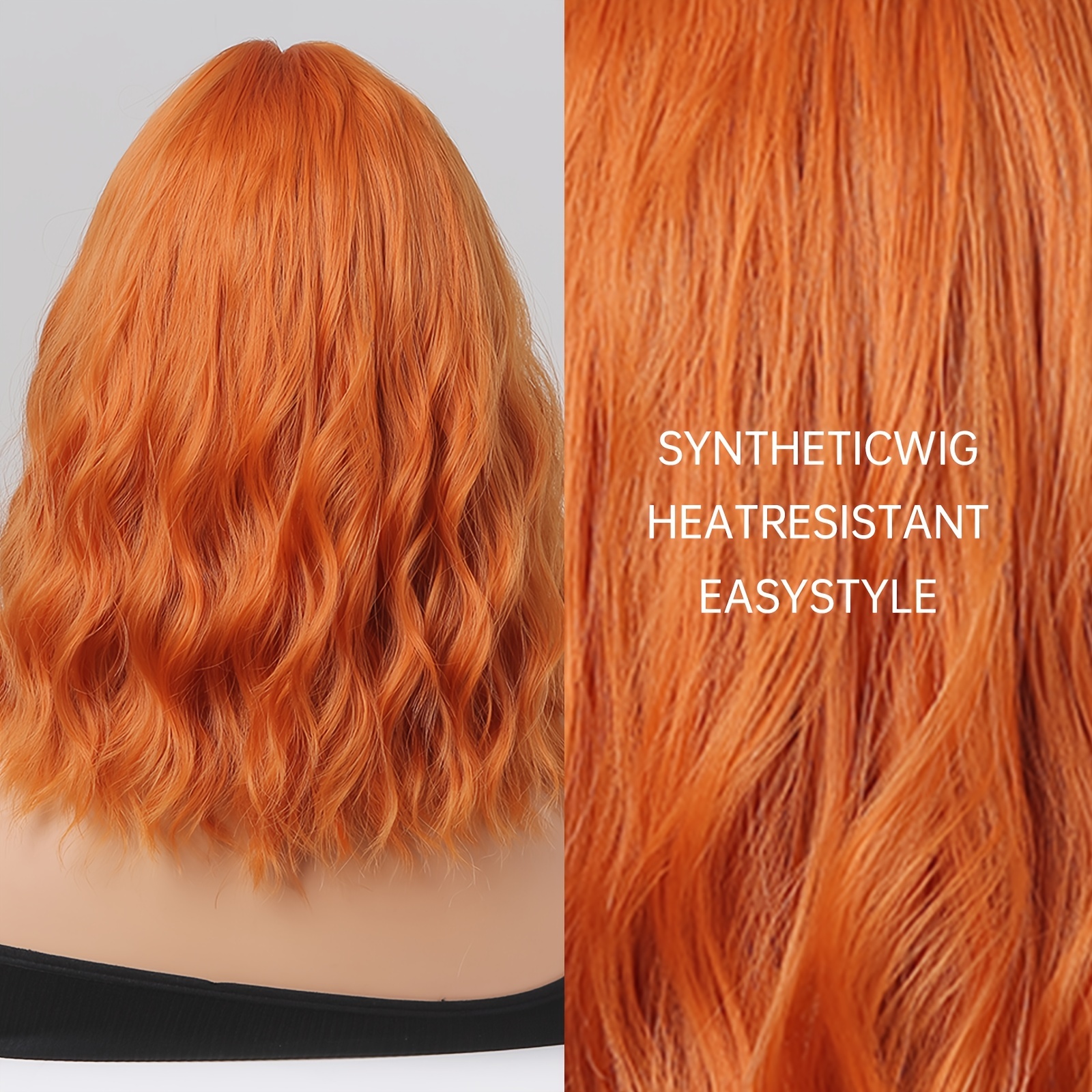 Orange Synthetic Bob Wig 16 Inch Short Wavy Style with Bangs