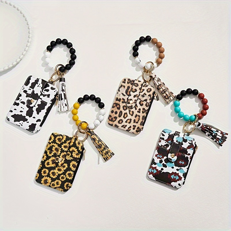 

Leopard Cow Print Silicone Beaded Bracelet Wristlet Keychain With Wallet Card Holder Coin Purse Bag Charm Phone Lanyard Women Girls Gift