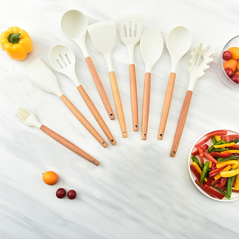 White Silicone Kitchen Utensil Set With Wooden Handle - Temu