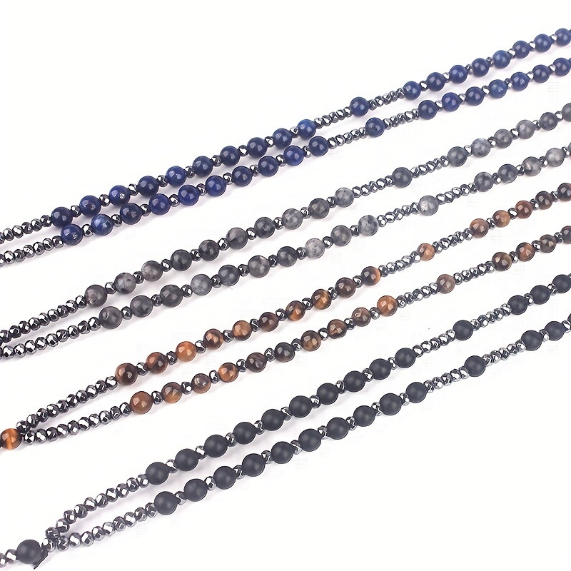 Men's Natural Stone Tiger Eye Lapis Glitter Bead Cross Pendant Necklace