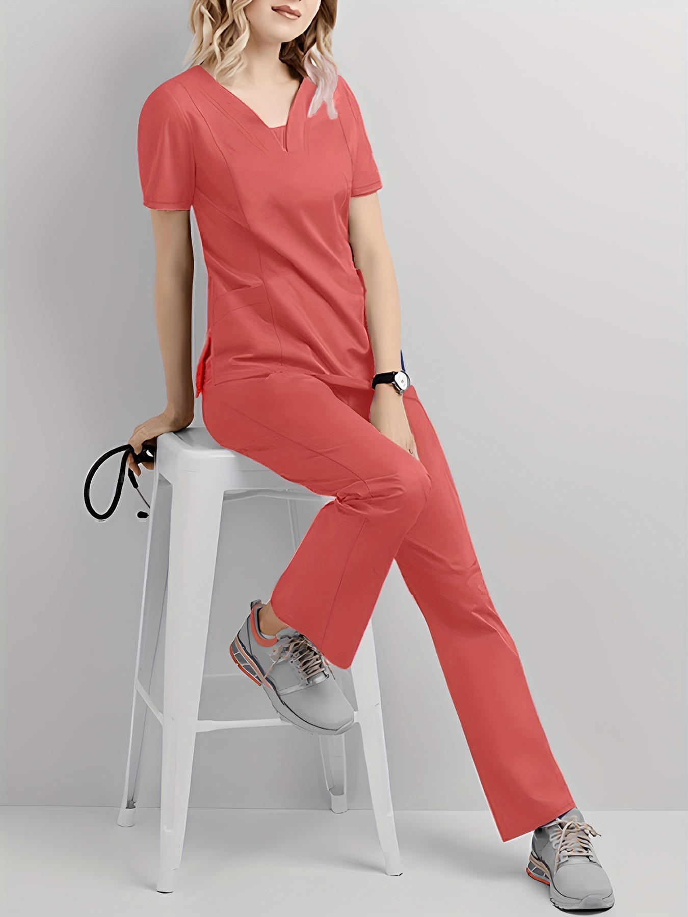  Conjunto de uniforme deportivo para mujer, color sólido,  pantalones de correr, cuello en V, manga corta, bolsillo, uniforme de  enfermera, ropa de trabajo : Ropa, Zapatos y Joyería