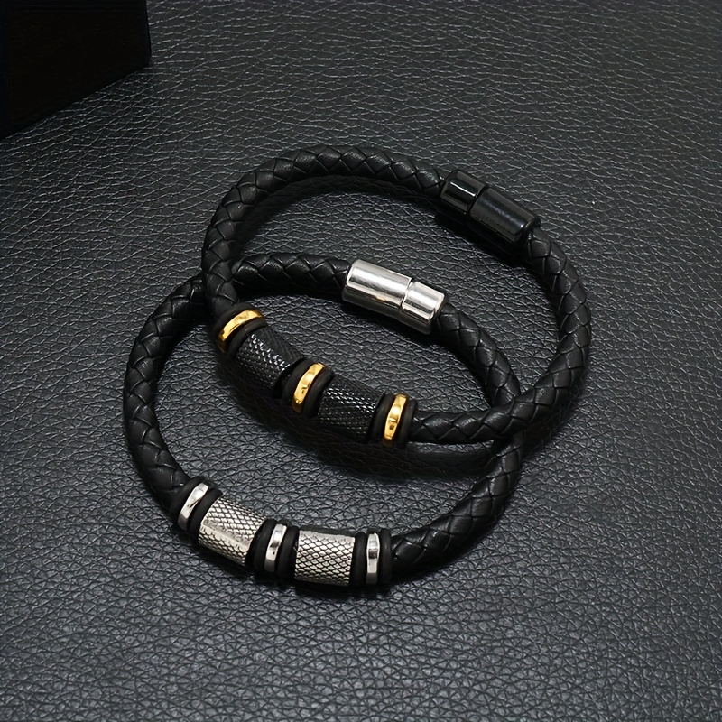 Men's Woven Stainless Steel and Black Leather Bracelet