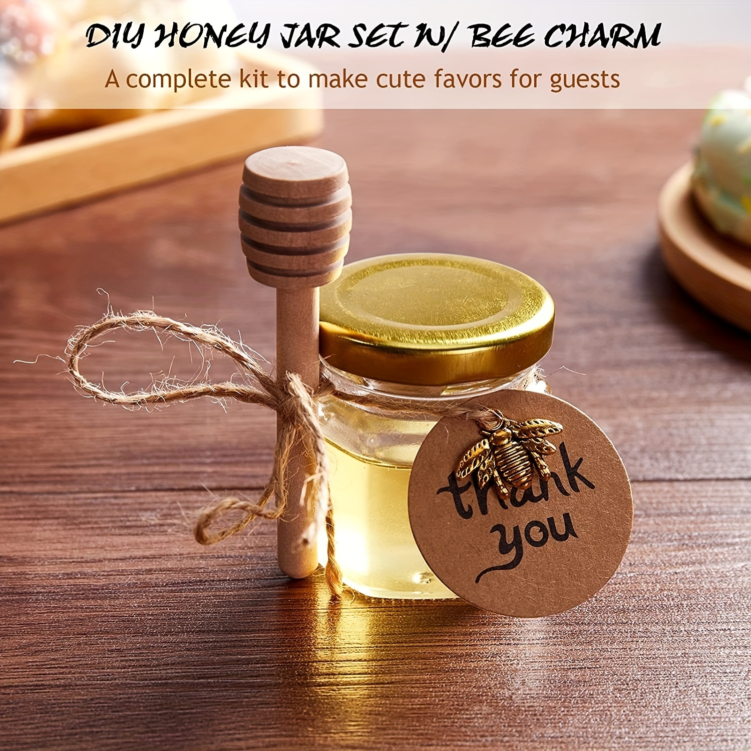  The Honey Jar Bee-luxe Evento, despedida de soltera o recuerdos  de boda, tarro hexagonal de 2 onzas de miel cruda pura con cuchara de miel  de madera y dije hexagonal esmaltado –