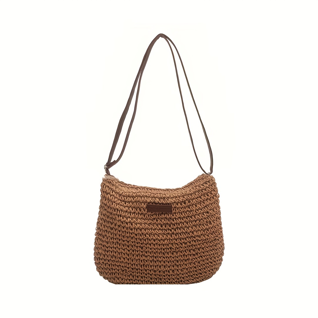 Patch Leather Woven Straw Shoulder Bag Zipper Beach Crossbody Bag