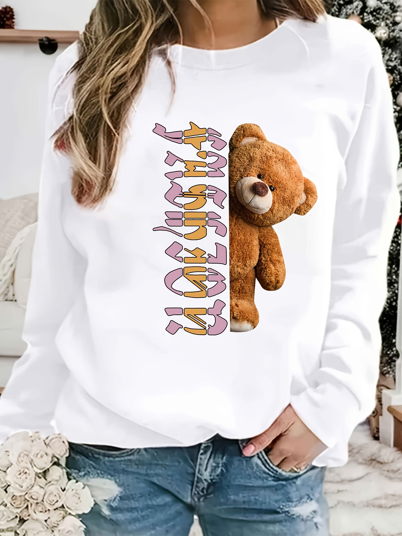 Bear Print Teddy Pullover Sweatshirt, Casual Long Sleeve Crew Neck Plush  Sweatshirt, Women's Clothing