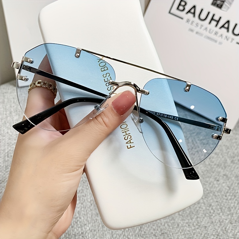 Double Bridge Rimless Fashion Sunglasses For Women Men Punk Rivet Aviator  Ombre Uv400 Sun Shades For Summer Beach Party - Temu Bahrain