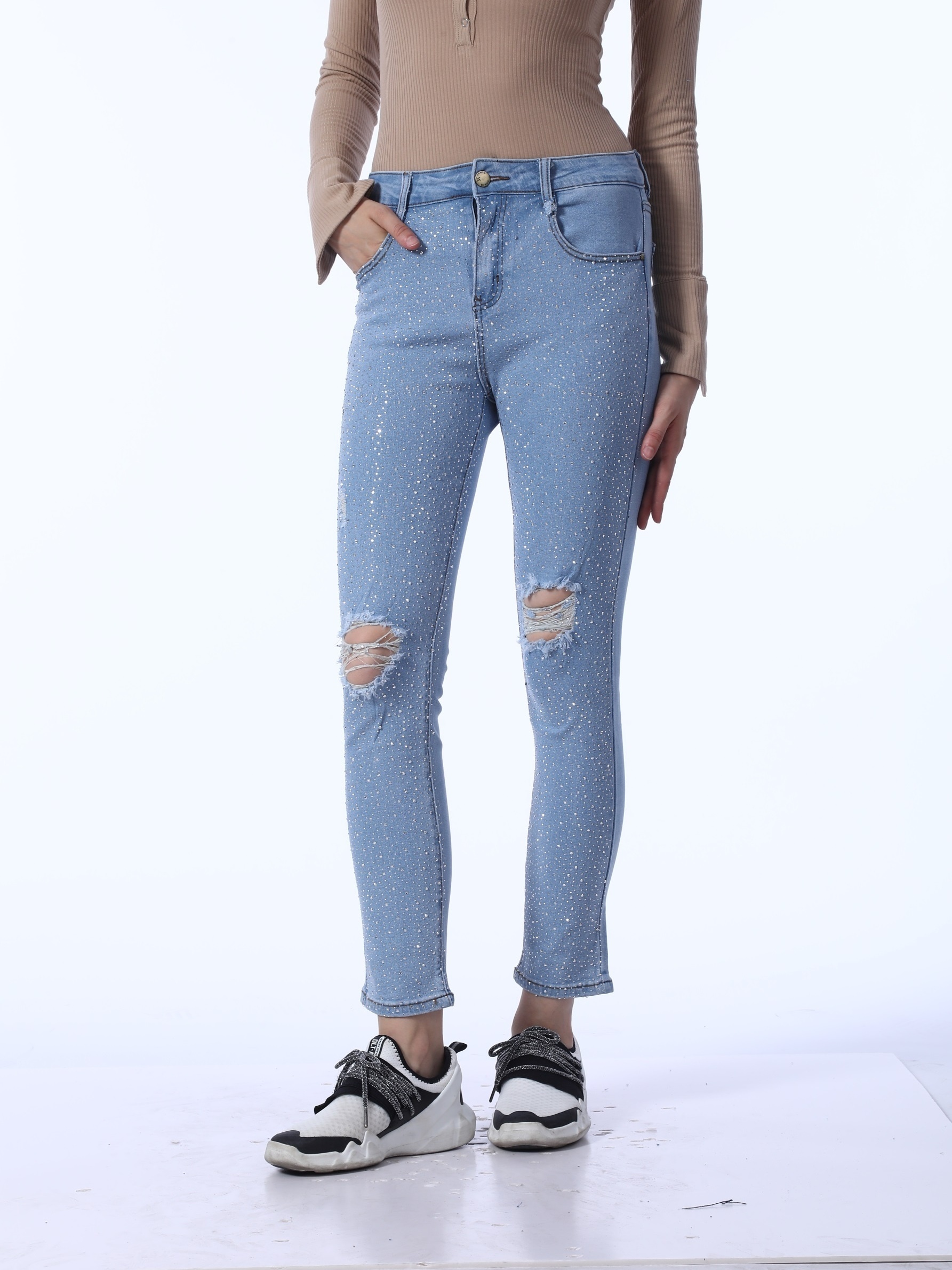 Rhinestone Legs Ripped Skinny Jeans Waist - Temu