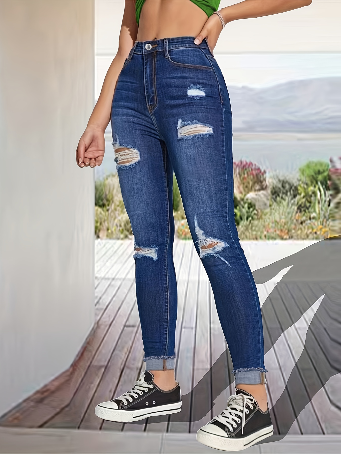 Jeans Ajustados Agujeros Rasgados Jeans Ajustados - Temu Mexico