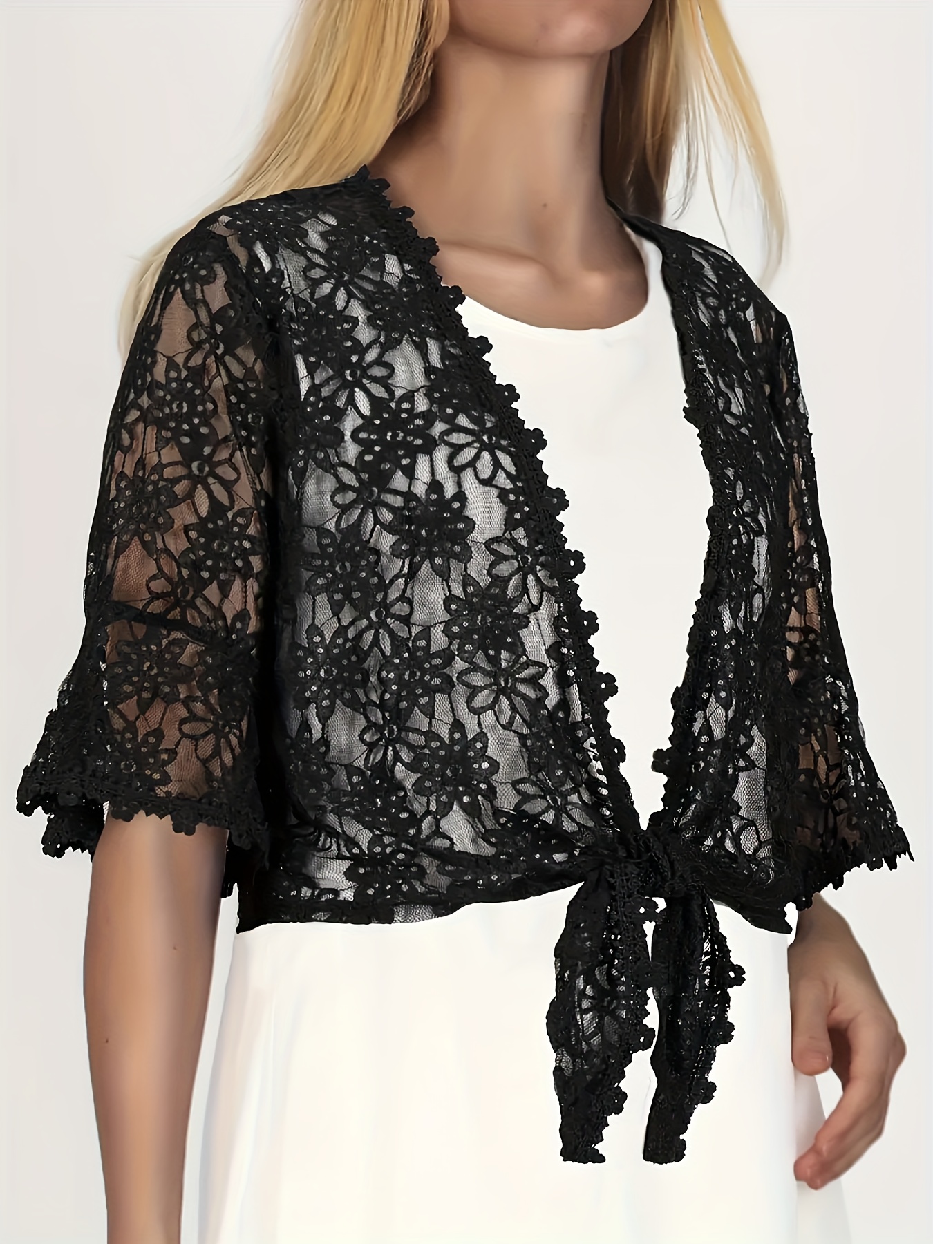 Floral Lace Crop Cardigan Casual Open Front Short Sleeve - Temu