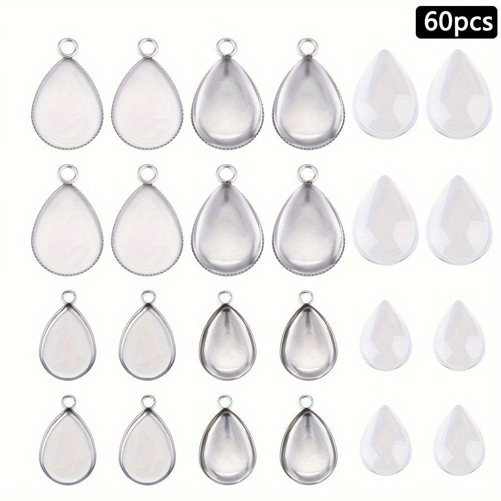 DICOSMETIC 60pcs 2 Styles Blank Pendant Tray Teardrop Stainless Steel  cabochon Setting Pendants 17/22mm Long Edge Bezel Cups Blank Bezel Trays  60Pcs