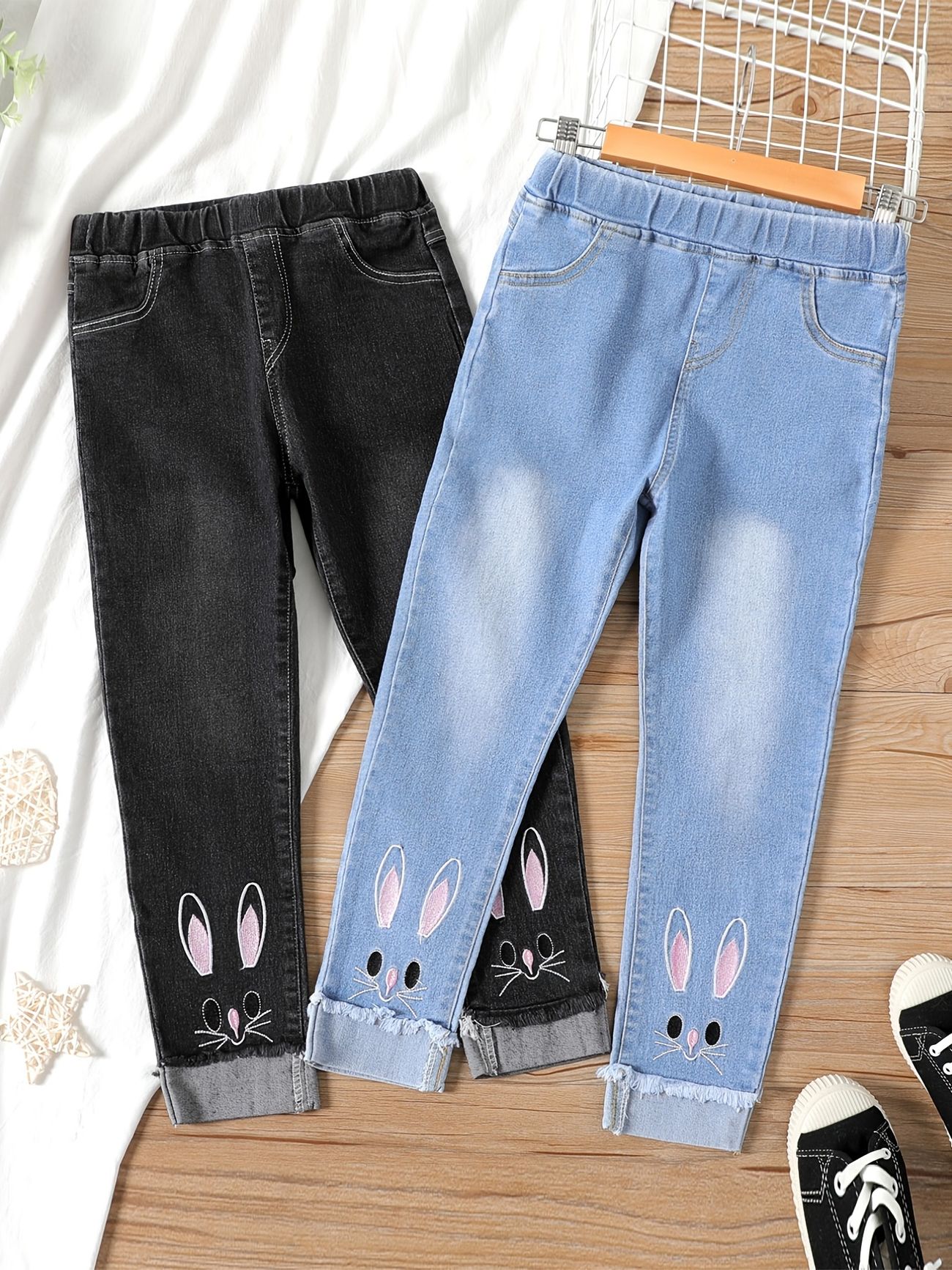 Toddler Girls Skinny Jeans Cartoon Rabbit Embroidered Roll Up Hem Denim  Pants Kids Spring Summer Clothes | Free Shipping For New Users | Temu
