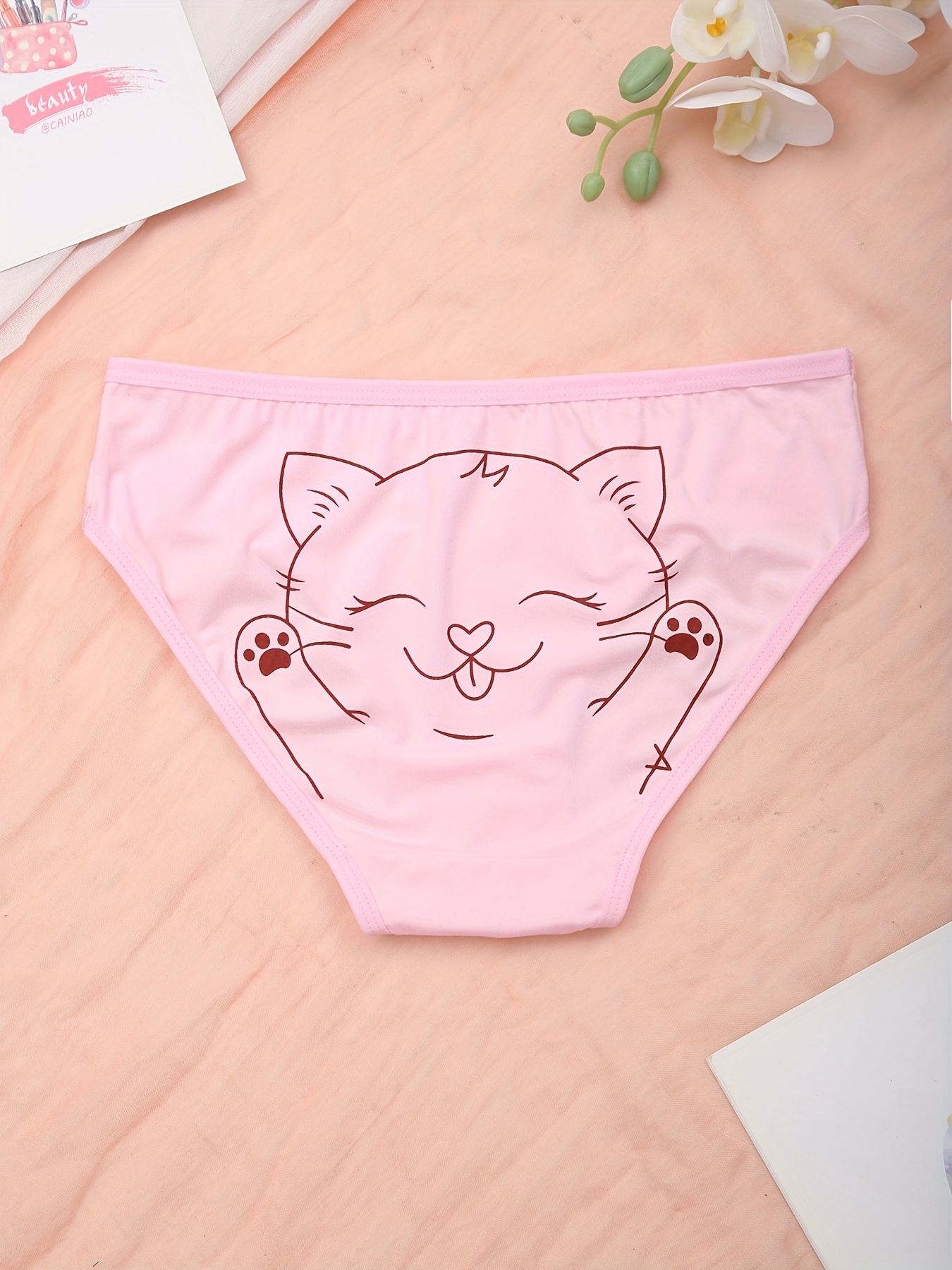 Cartoon Cat Print Bikini Panties Comfy Cute Stretchy Skin - Temu