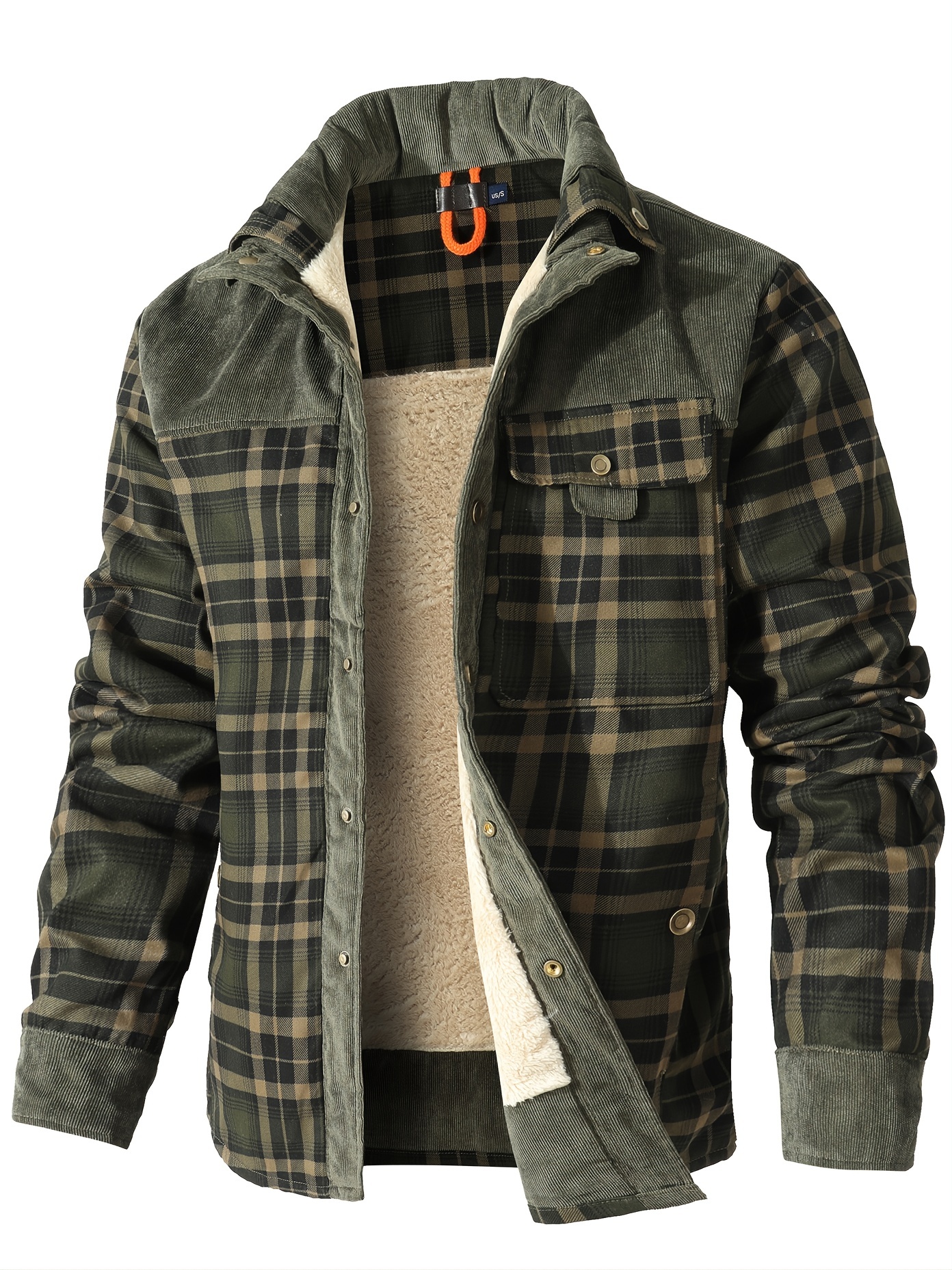 Men's Cotton Plaid Warm Fleece Drawstring Button Jacket - Temu