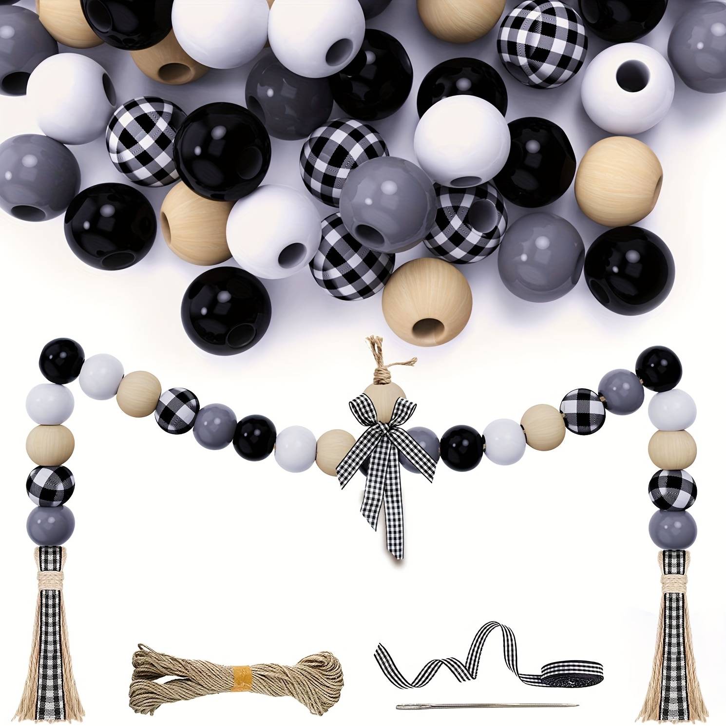 Printed Wooden Beads Black White Plaid Balls Beads Fashion - Temu