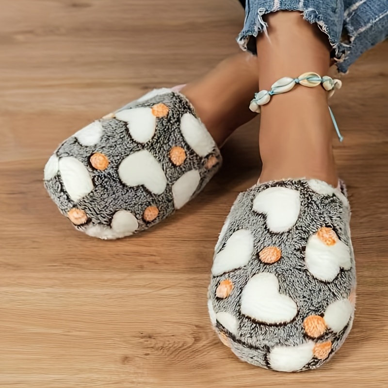 Women's Heart Pattern Fuzzy Slippers, Closed Toe Warm & Cozy Plush