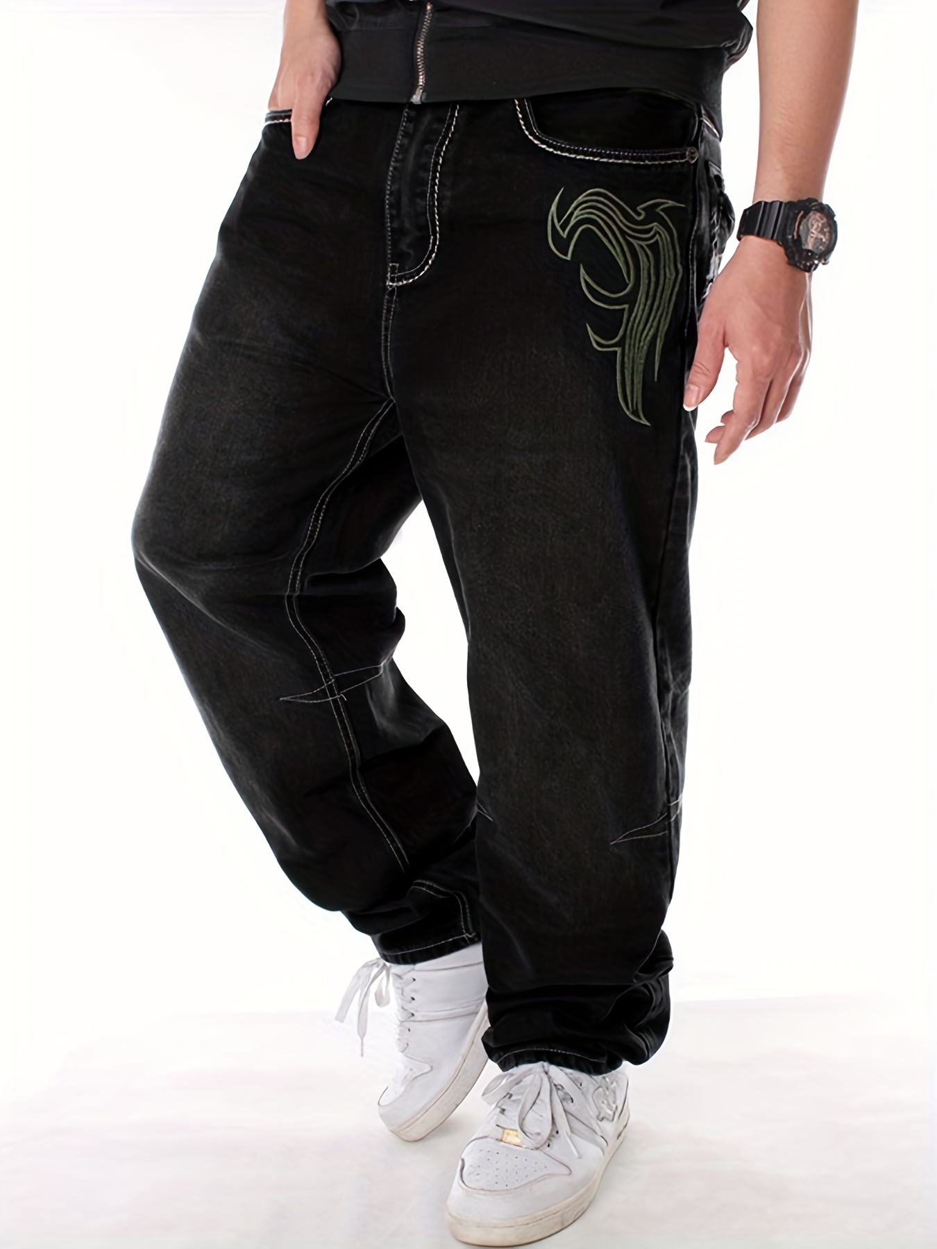 Star Print Patch Pockets Y2k Baggy Jeans Black Loose Casual - Temu Canada