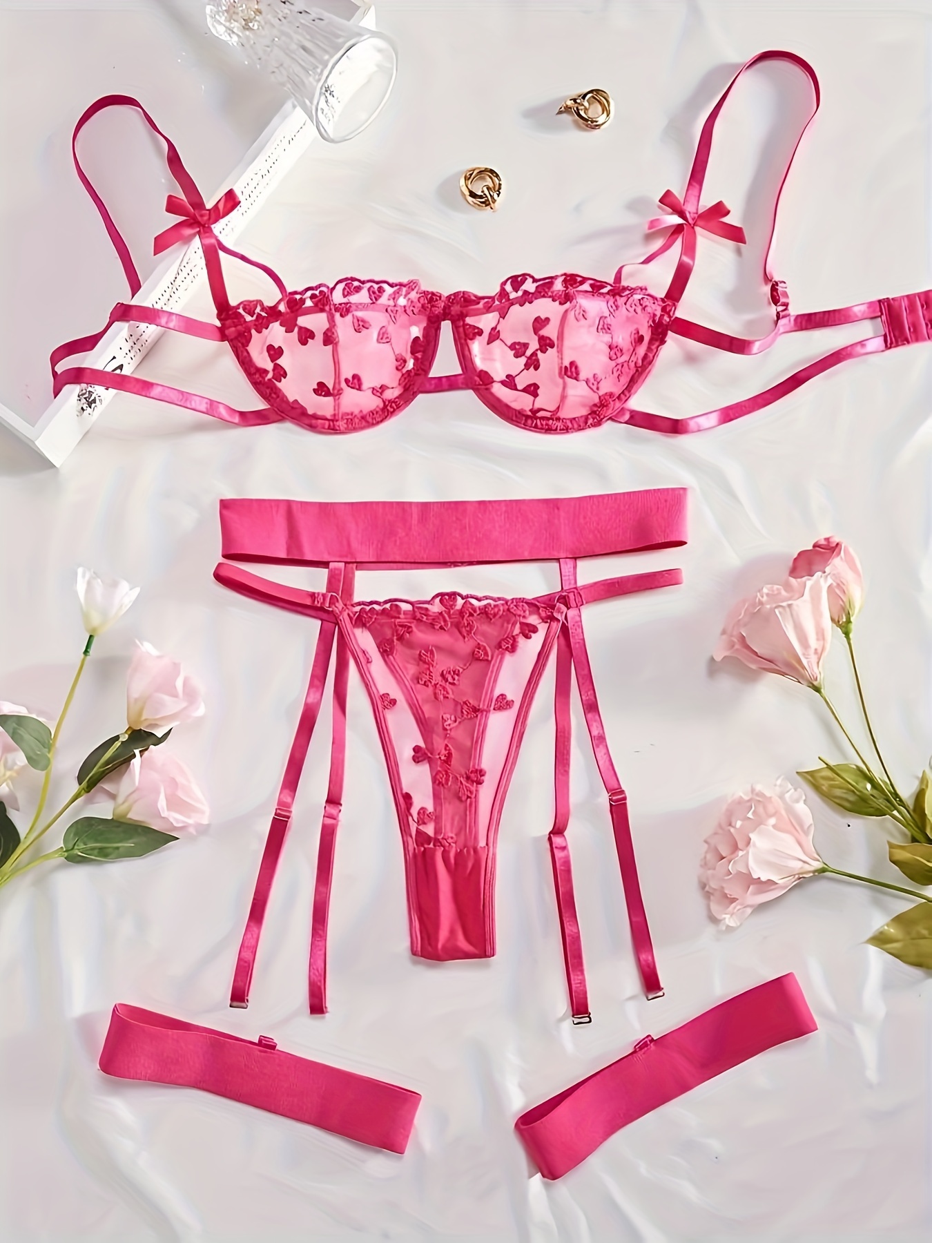 Valentine's Day Heart Embroidery Semi Sheer Lingerie Set Bow - Temu