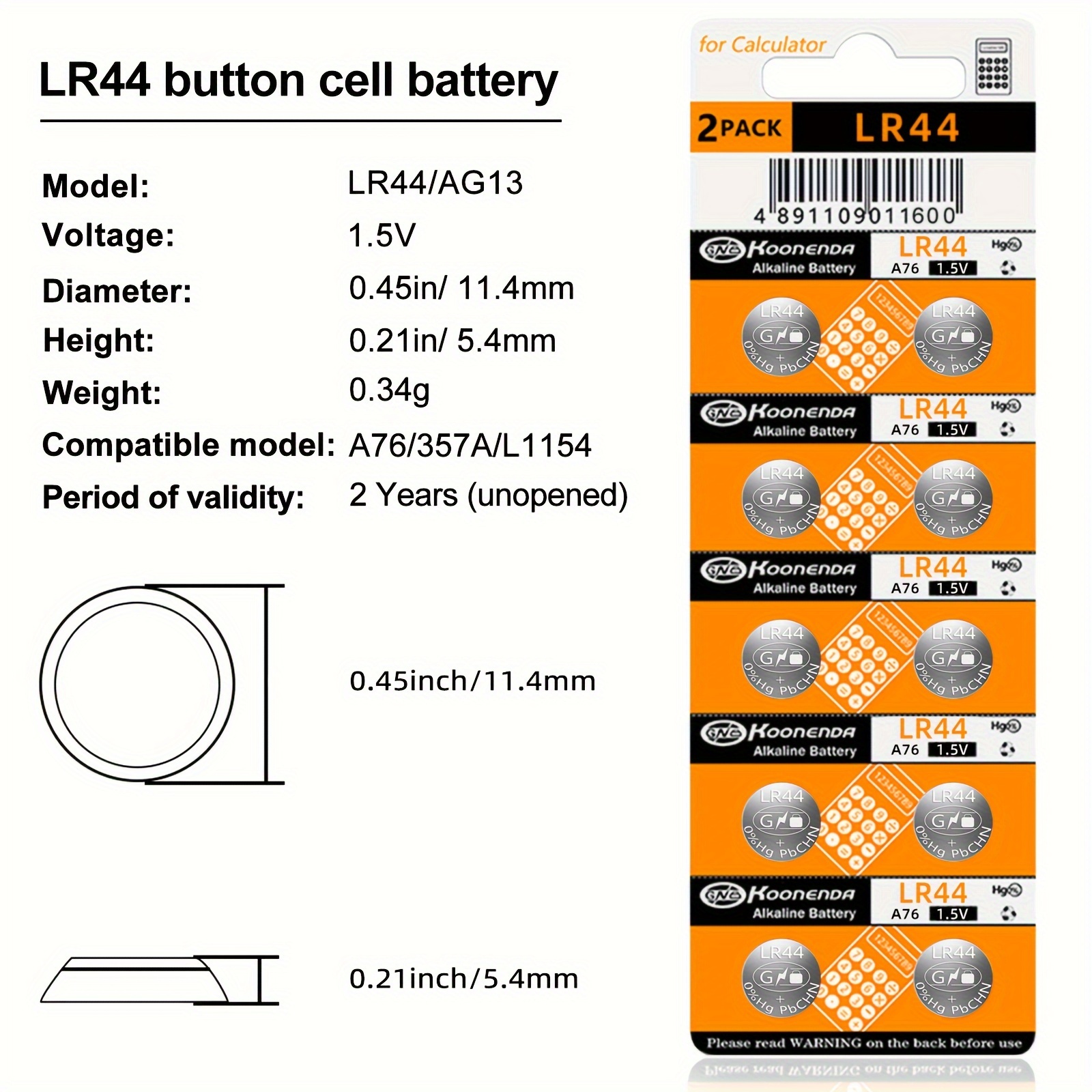 AG13 / LR44 / L1154 Button Cell Battery, Card of 10 batteries