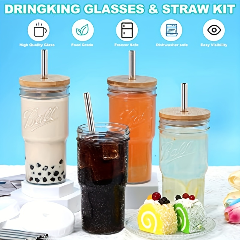 4pcs aesthetic coffee cup ice coffee cold cup Set Glass Cups with Bamboo  Lids and Glass Straw - 16 oz Iced Coffee Glasses, Cute Tumbler Cup for  Smoothie, Boba Tea