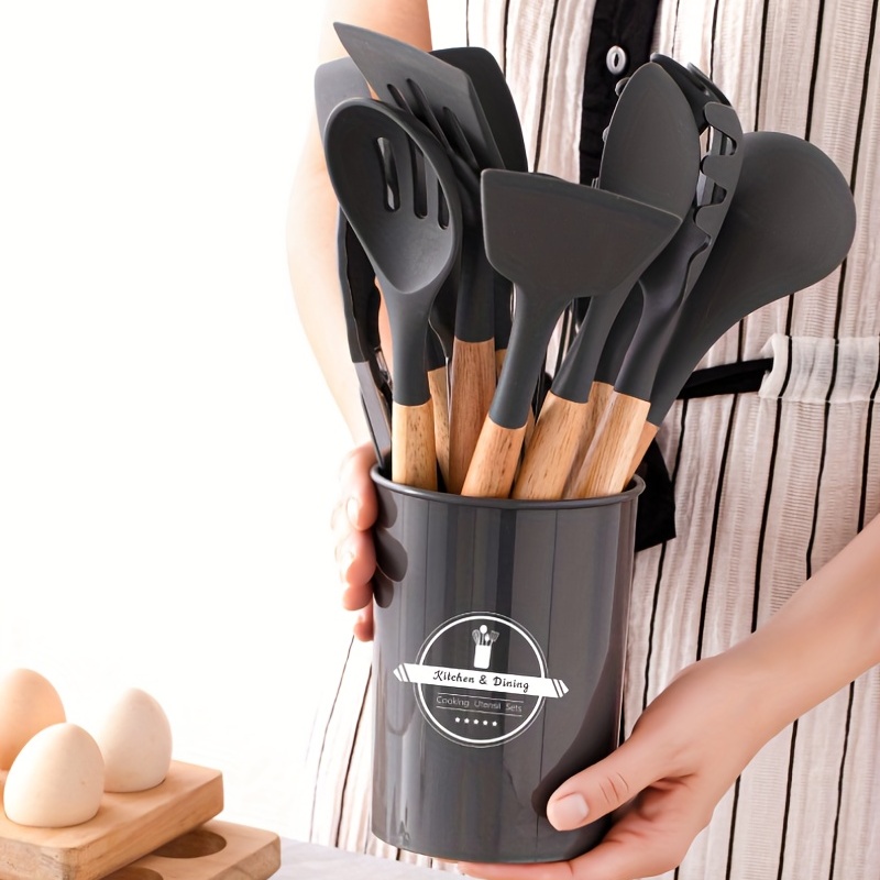 Utensilios de cocina de silicona con mango de madera KOUP ESER, Set de  utensilios de cocina