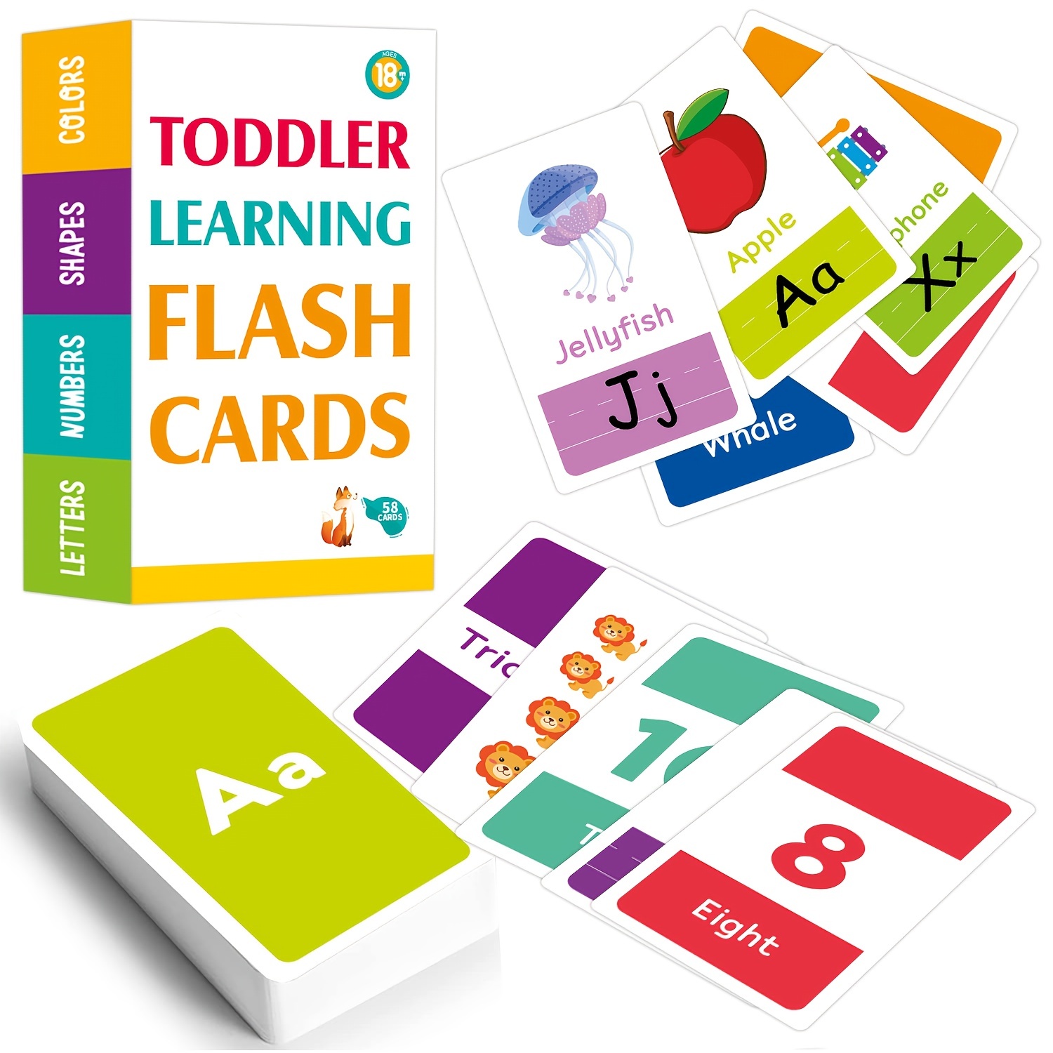 58pcs Carte Fotografiche, Grandi Alfabeto Flash Cards per Bambini 2-4 Anni,  Impara Colori Numeri Forme Animali ABC Lettere e Parole a Vista