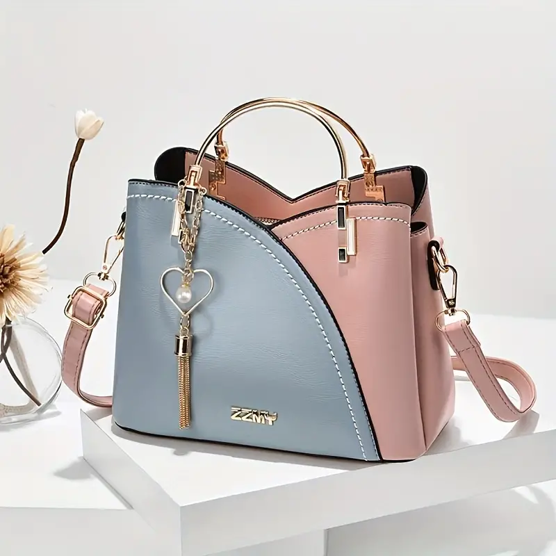 color block satchel bag trendy metal tassel decor crossbody bag womens top ring purse 9 1 7 5 4 5 inch details 1