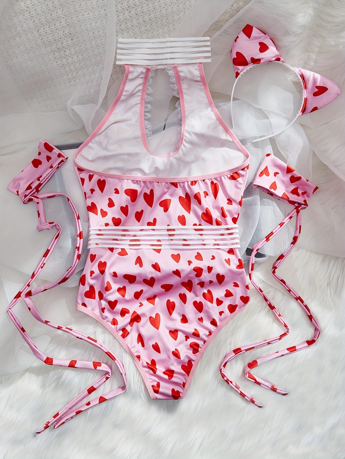 Naughty Cosplay Costume, Heart Print Contrast Lace Halter Backless Bodysuit  & Headwear, Women's Sexy Lingerie & Underwear