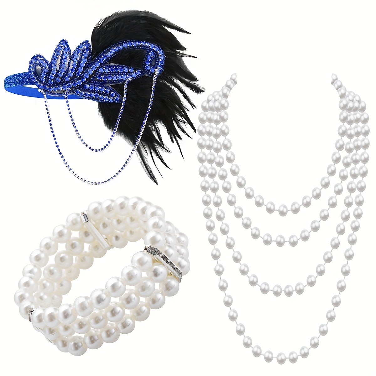 4pcs 1920's Gatsby Style Accessories Faux Feather Hair Band Faux Pearl  Necklace Earrings Halloween Masquerade Accessories